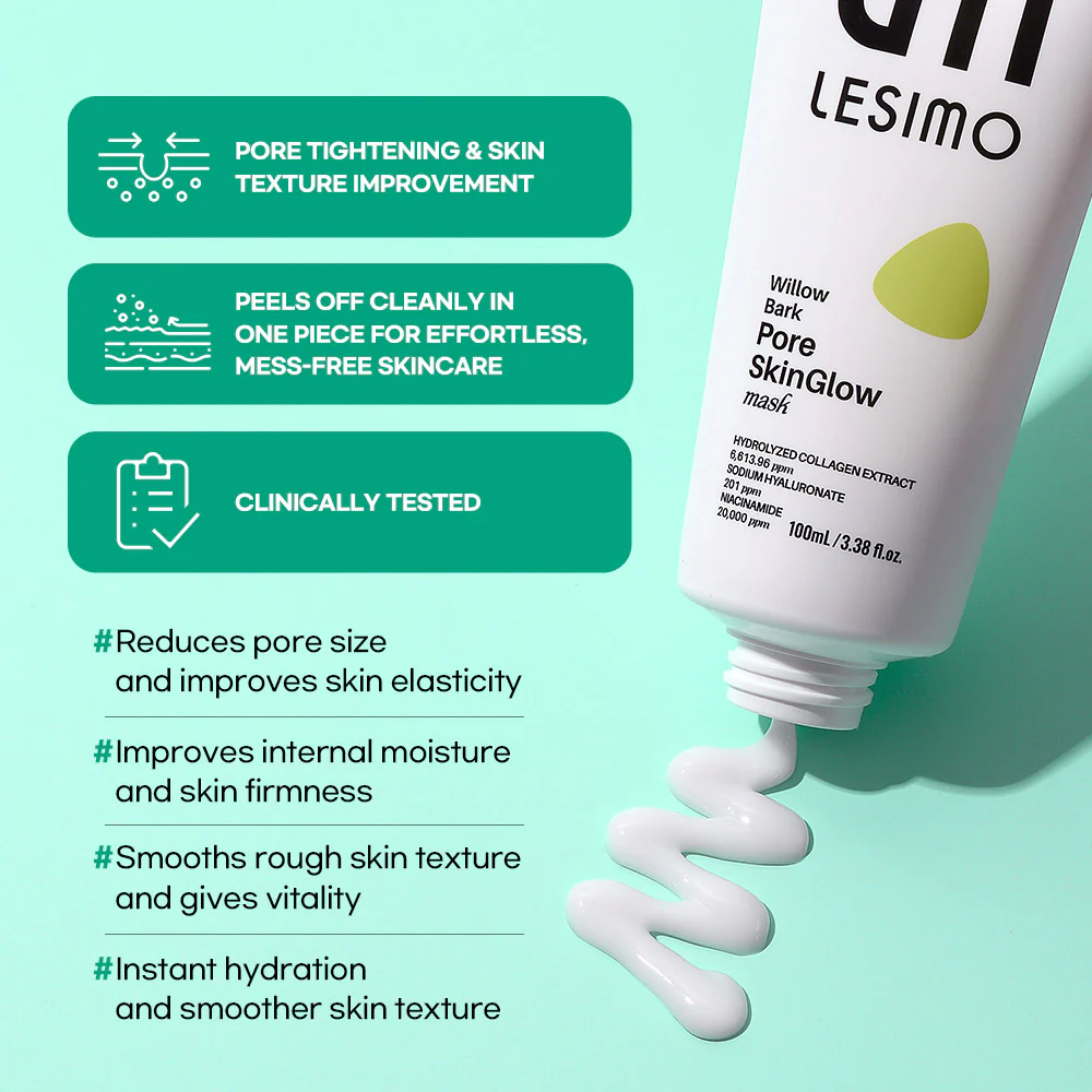 Lesimo Willow Bark Pore SkinGlow Mask 100ml - Hydrolyzed Collagen Wrapping Mask, Peel-off Mask, Pore Lifting and Minimizing, Korean skincare LWBPSM - Image 8
